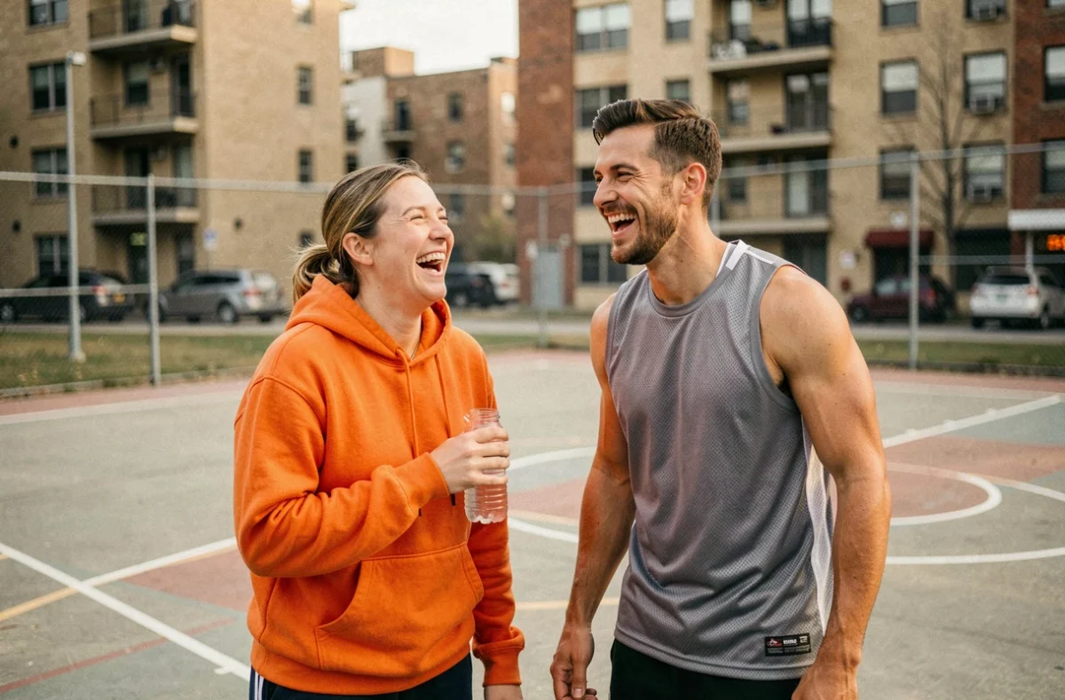 Deux amis faisant une pause lors d'une partie de basketball en plein air dans un quartier urbain, pratique sportive conviviale et accessible