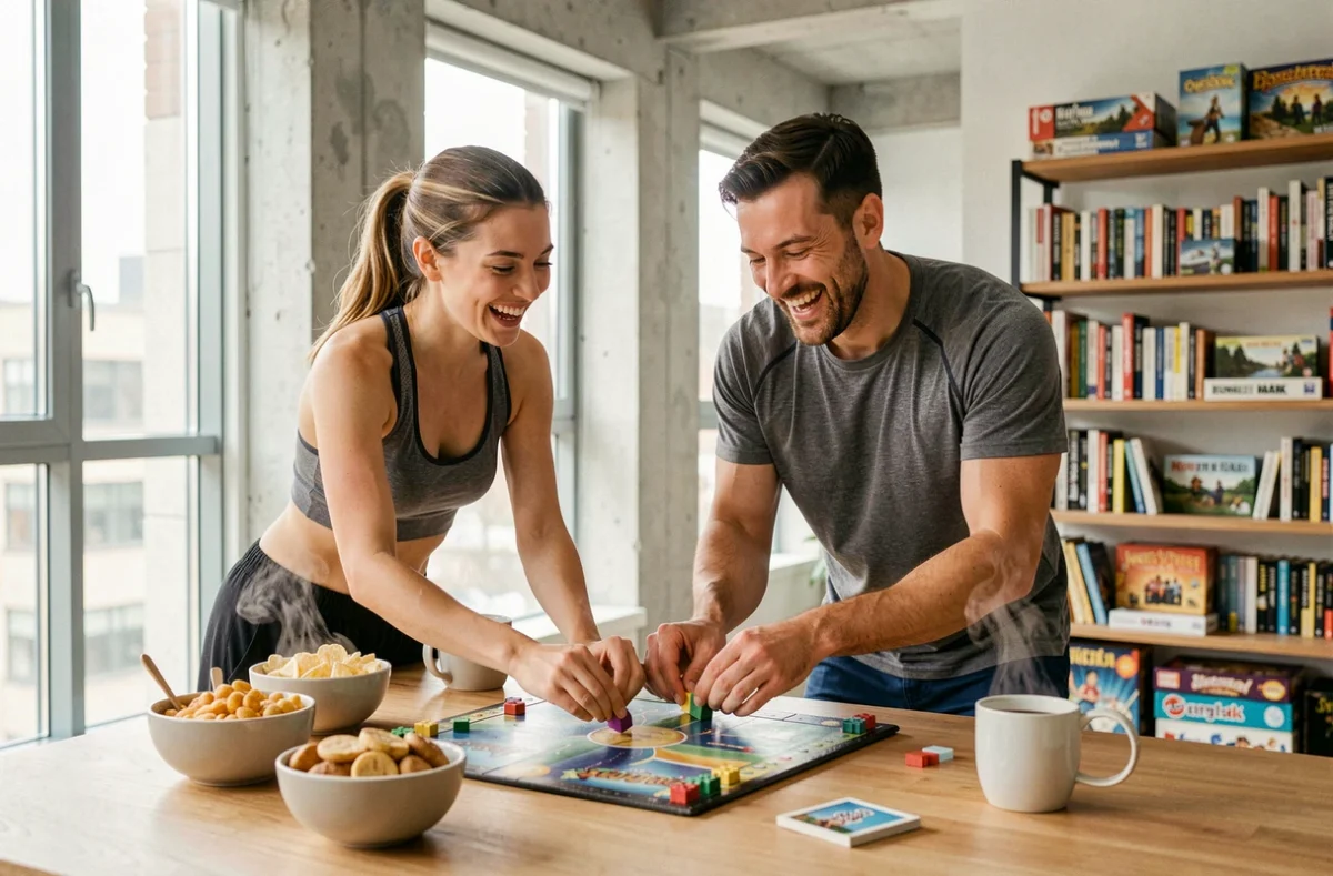 Deux amis jouant à un jeu de société autour d'une table en bois dans un appartement moderne et convivial pendant leur temps libre