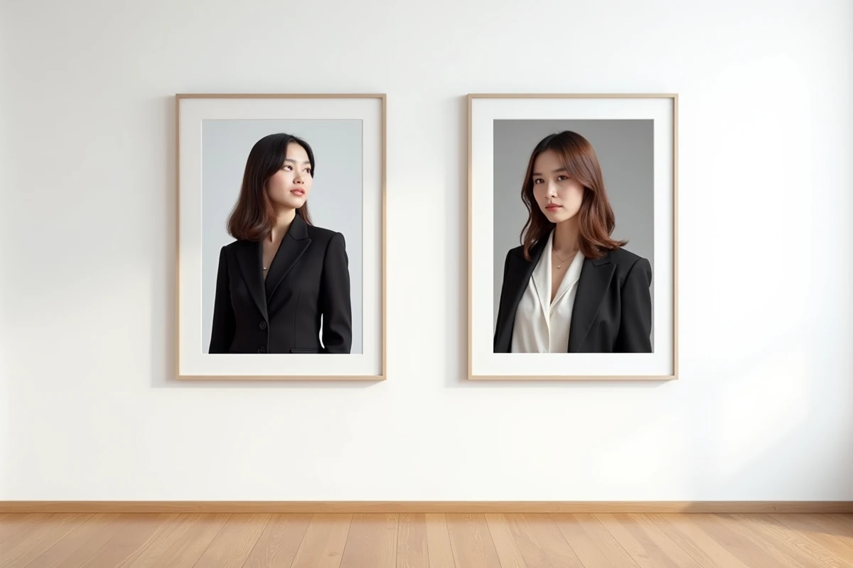 Comparaison visuelle entre une photo officielle encadrée et un cliché volé exposés côte à côte sur un mur blanc, illustrant les différences de qualité et de mise en scène photographique