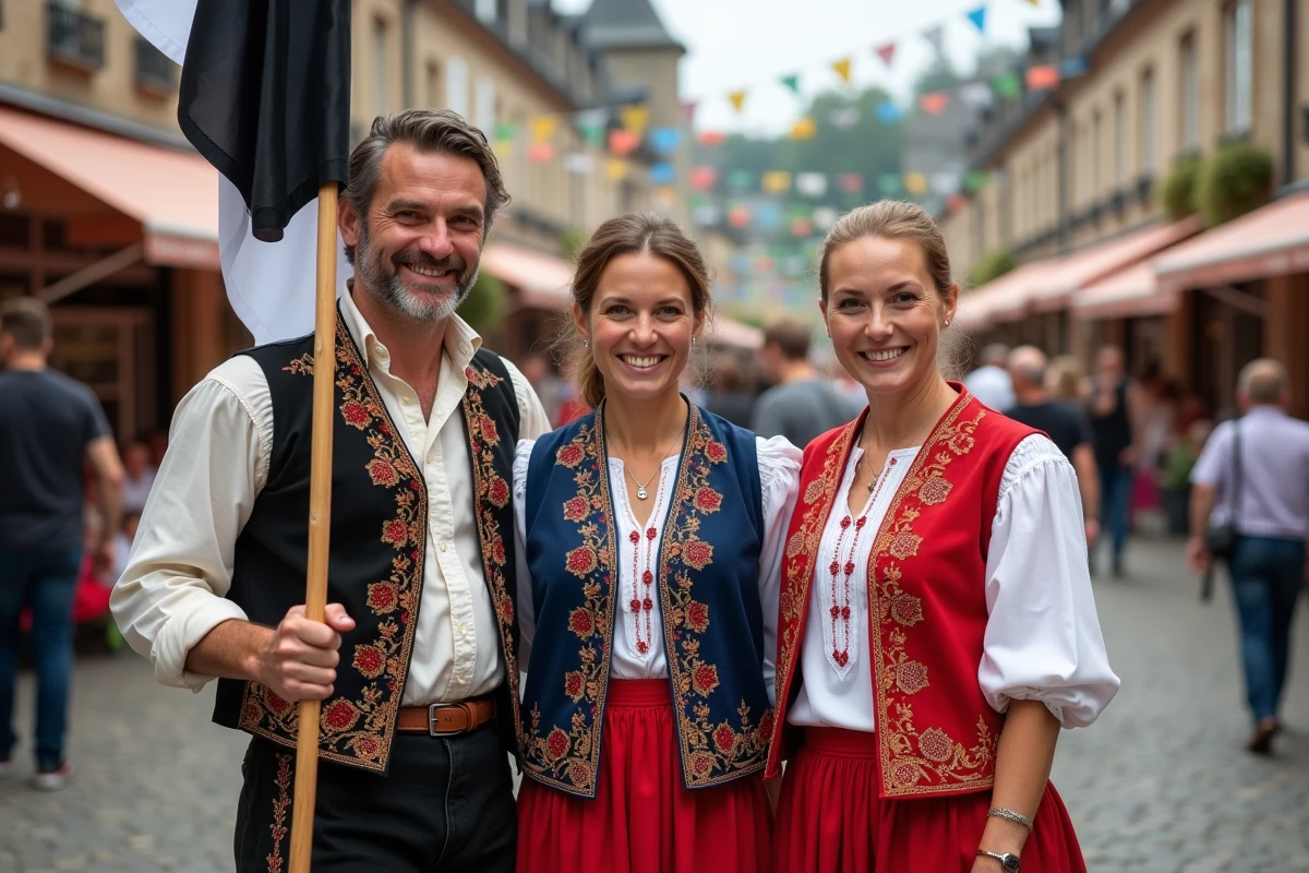 Groupe de personnes en costume breton traditionnel tenant le drapeau Gwenn-ha-Du lors d'un festival culturel en Bretagne