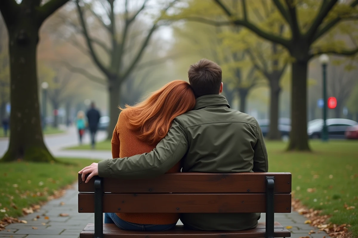 Couple assis sur un banc de parc de dos, illustrant une relation amoureuse préservée de l'attention médiatique