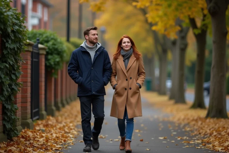 Couple discret se promenant dans une rue résidentielle en automne, préservant leur vie privée