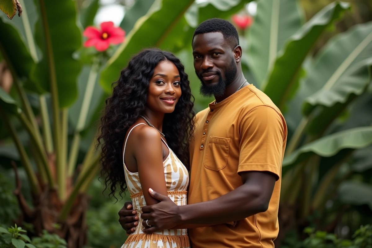 Couple jamaïcain en tenue traditionnelle dans un jardin tropical luxuriant, évoquant la vie amoureuse et la stature physique de Bob Marley