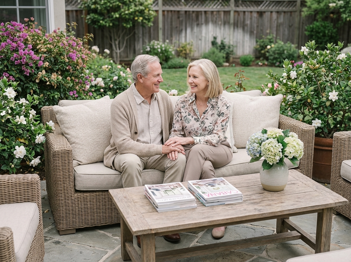Couple retraité assis sur canapé extérieur