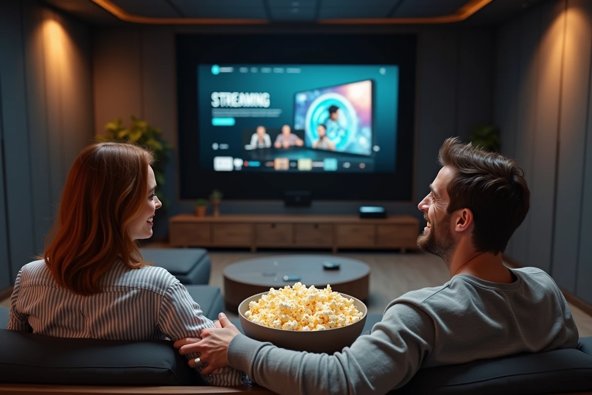 Couple profitant d'une séance de streaming dans une salle de cinéma privée à domicile