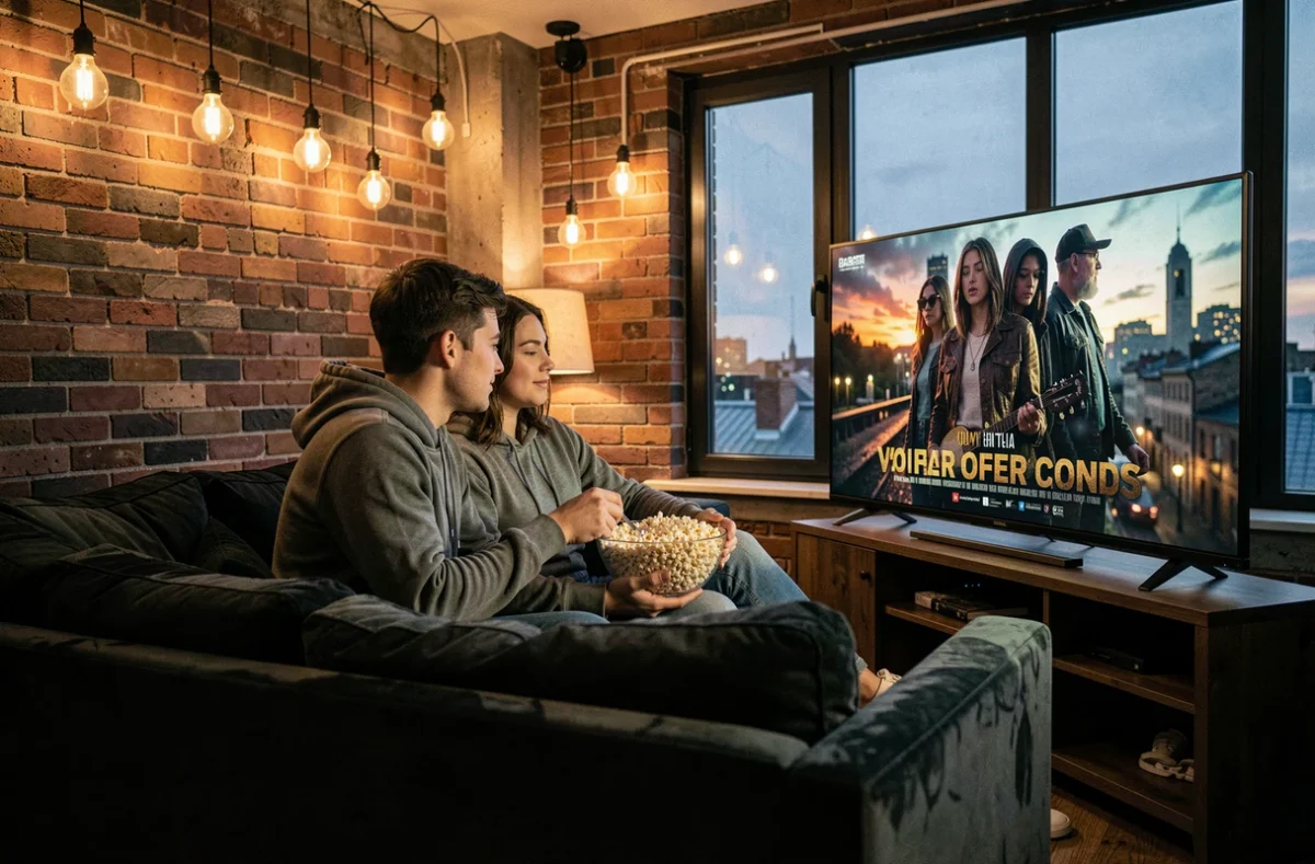 Couple regardant une série télévisée en haute définition sur grand écran dans un appartement urbain moderne