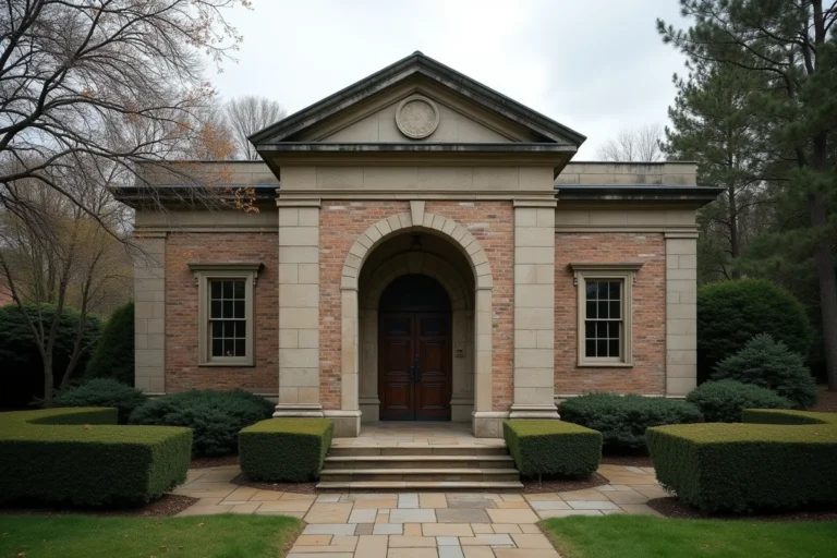 Extérieur d'un crématorium moderne entouré d'un jardin paisible, architecture sobre en pierre et brique