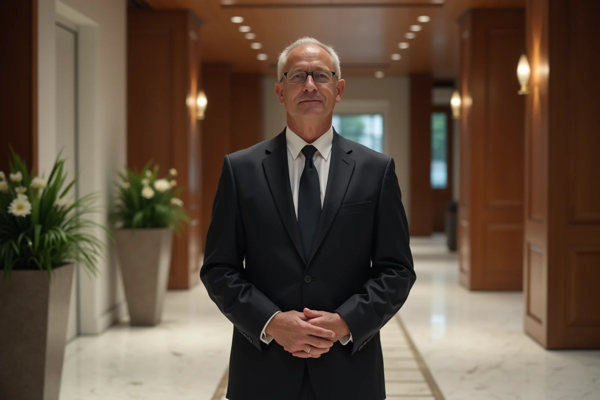 Directeur funéraire en costume sombre dans le hall d'accueil d'un crématorium, posture professionnelle et respectueuse