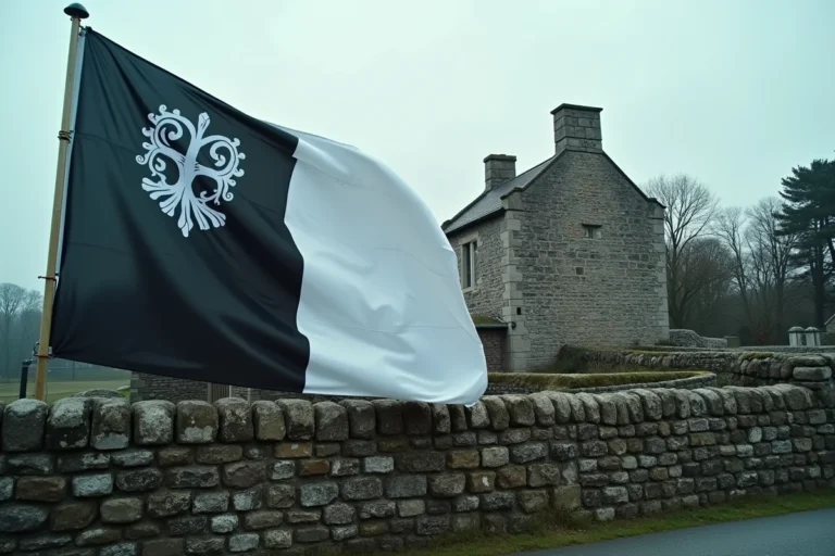 Drapeau breton Gwenn-ha-Du accroché sur un mur en pierre de granit d'un village breton traditionnel, symbole régional historique