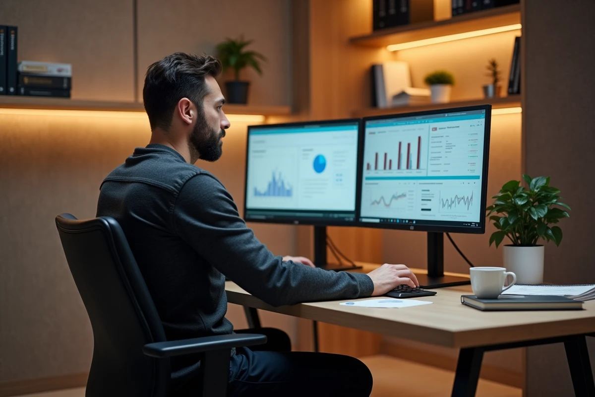 Entrepreneur concentré sur ses outils de marketing digital dans un bureau à domicile minimaliste