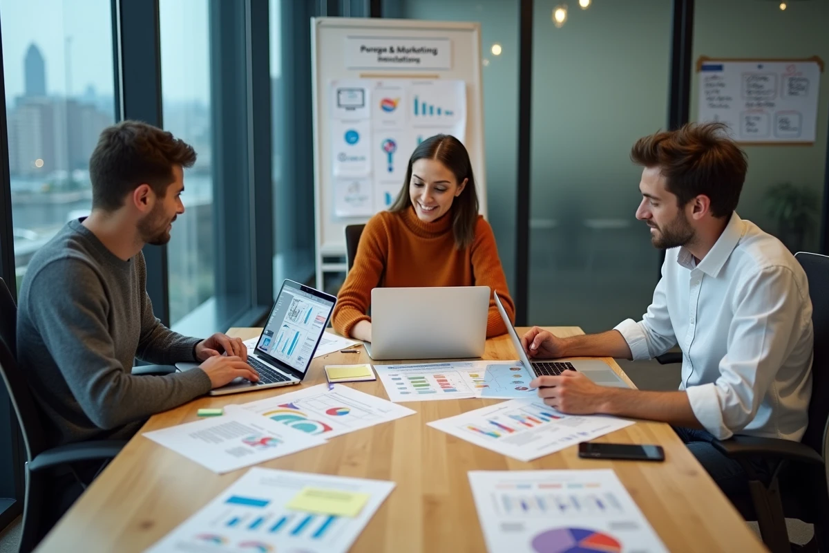 Équipe de professionnels collaborant sur des stratégies digitales innovantes autour d'une table de réunion