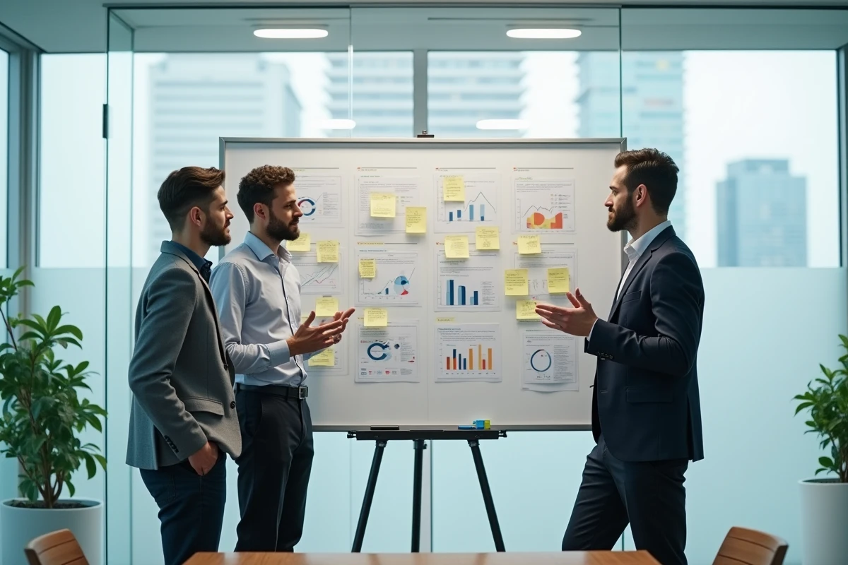 Équipe de professionnels collaborant sur une stratégie d'offres business innovantes devant un tableau blanc en salle de réunion