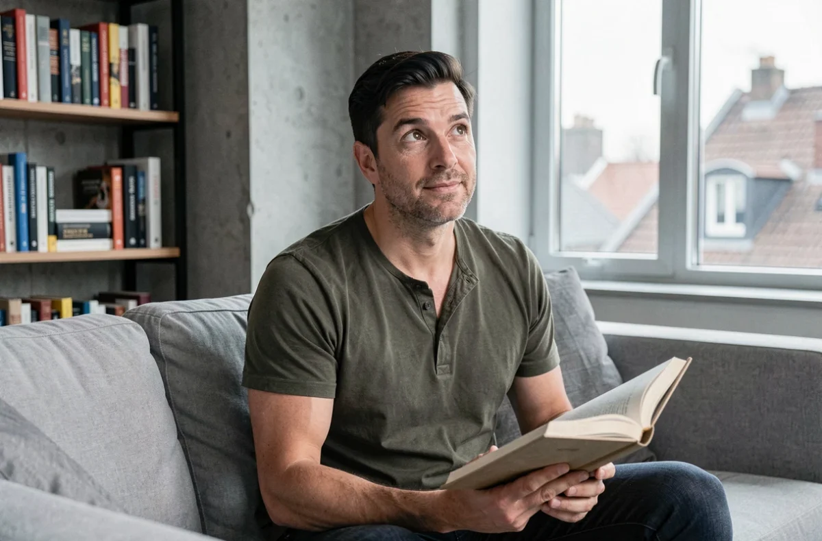 Fabian Wolfrom chez lui dans un appartement moderne, tenant un livre ouvert dans une atmosphère intimiste