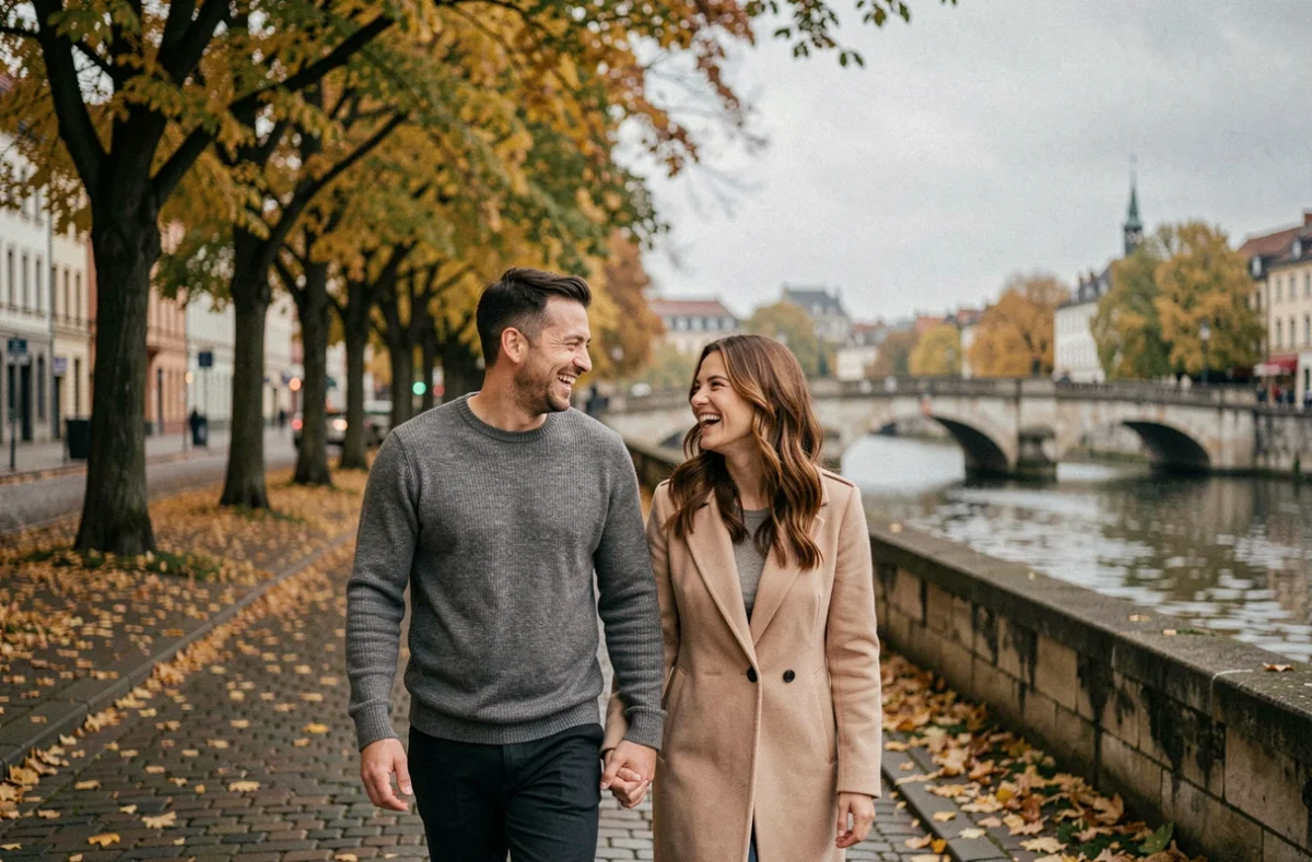 Fabian Wolfrom et sa partenaire se promenant main dans la main au bord d'une rivière en automne