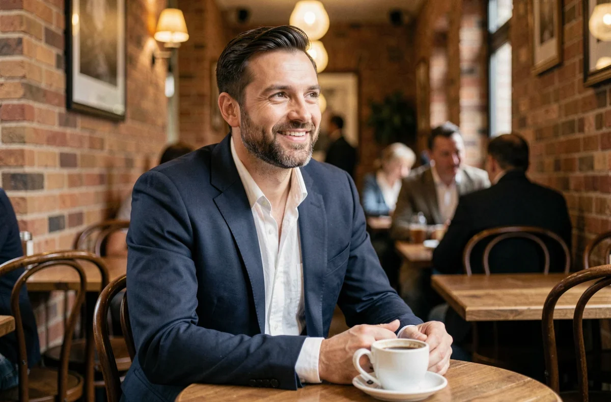 Portrait de Fabian Wolfrom assis dans un café parisien, exprimant confiance et sérénité