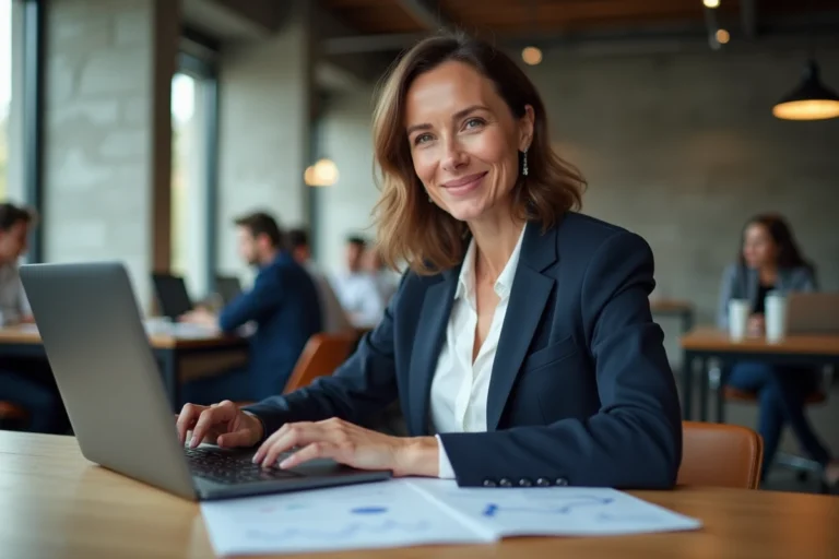 Femme d'affaires analysant des offres business innovantes sur un ordinateur portable dans un espace de coworking moderne