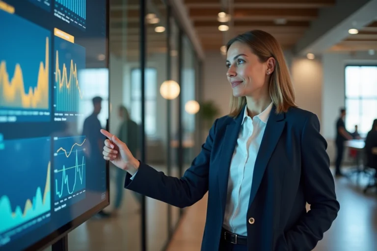 Femme d'affaires présentant une stratégie digitale sur écran tactile dans un bureau moderne en 2024