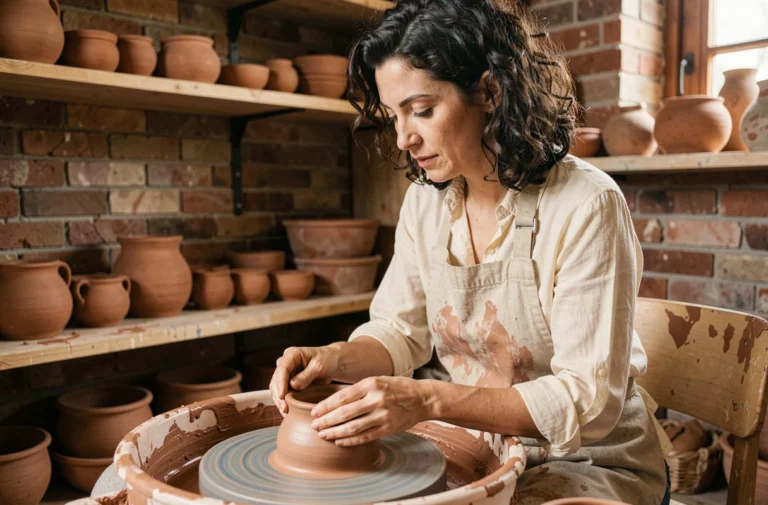 Femme adulte façonnant un bol en céramique sur un tour de poterie dans un atelier artisanal chaleureux aux murs en briques