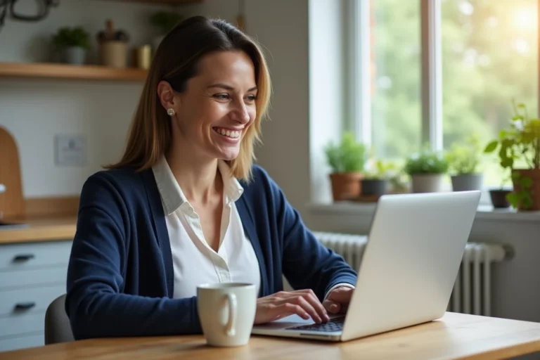 Femme travaillant sur son ordinateur dans une cuisine lumineuse