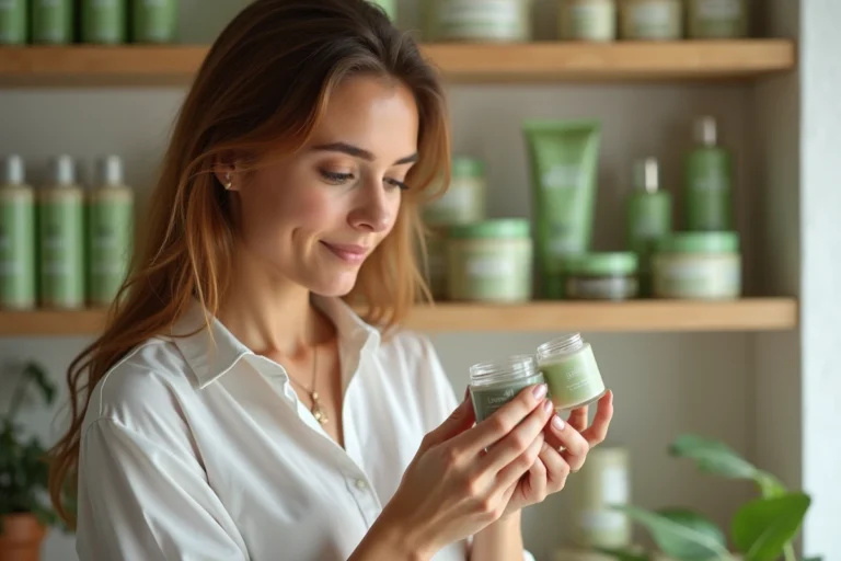 Femme comparant des produits de soin naturels dans une boutique de cosmétiques bio, illustration du marché concurrentiel de la beauté naturelle