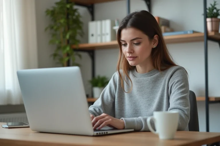 Femme consultant une FAQ en ligne sur un ordinateur portable avant de contacter le service client