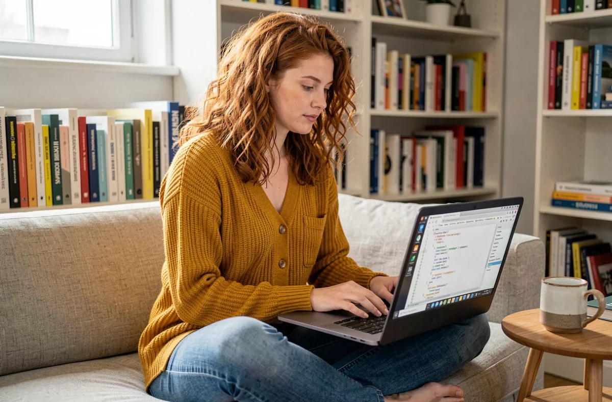 Jeune femme travaillant sur un fichier XML sitemap depuis son bureau à domicile avec un ordinateur portable