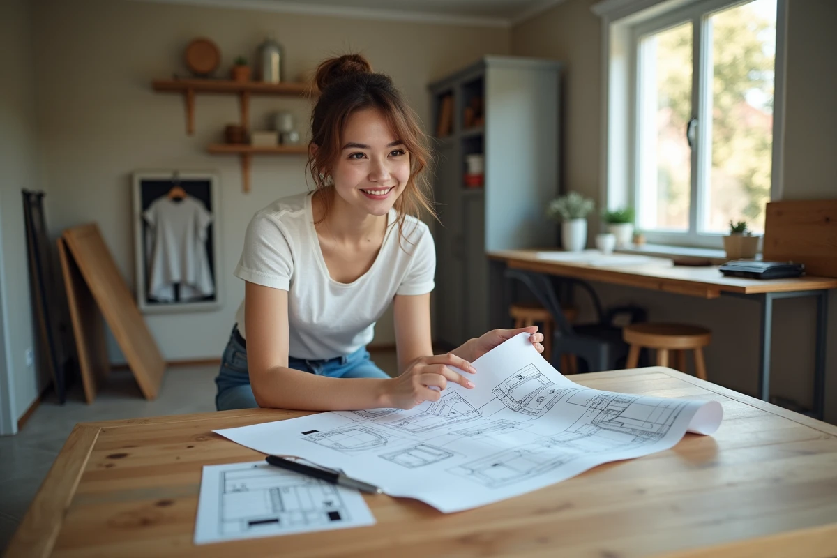 Jeune femme examine des diagrammes électriques à la maison