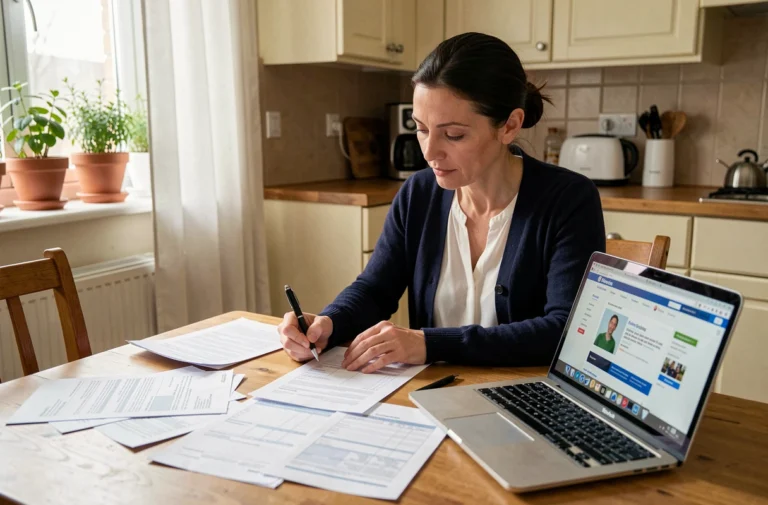 Femme consultant des documents administratifs sur les aides au logement à sa table de cuisine en 2026