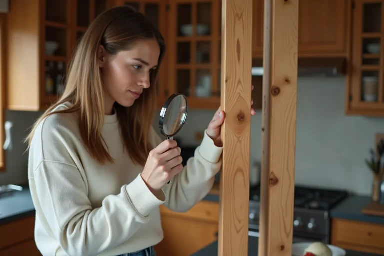 Femme examine des poutres en bois dans une cuisine rustique