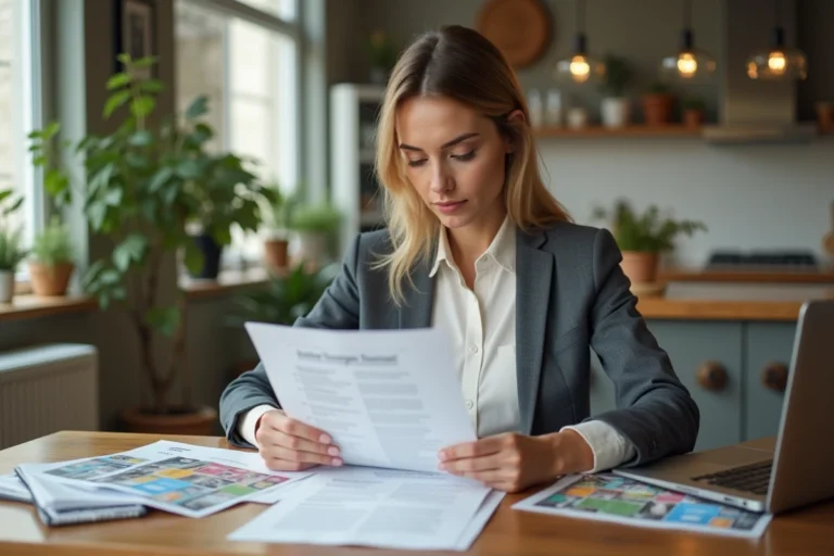 Femme élégante lisant un document de prêt immobilier à la maison