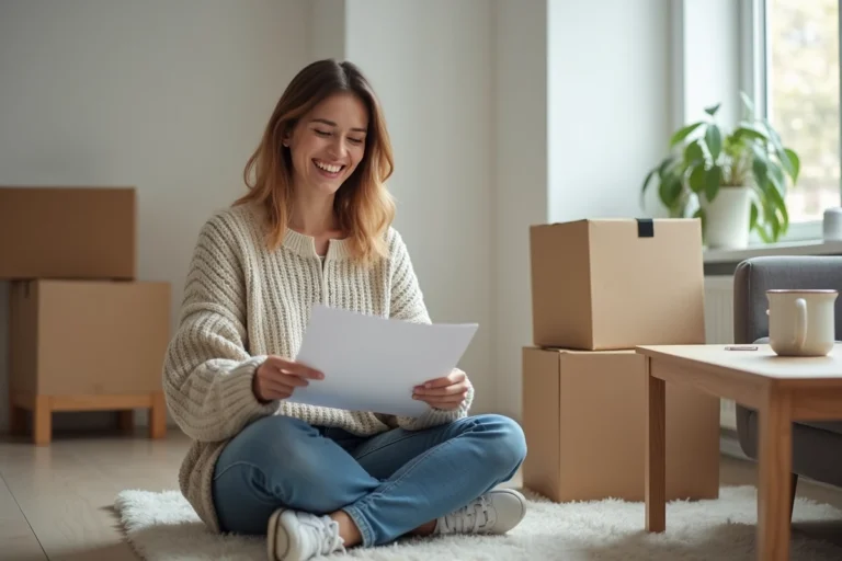 Femme souriante lisant un document dans un salon accueillant