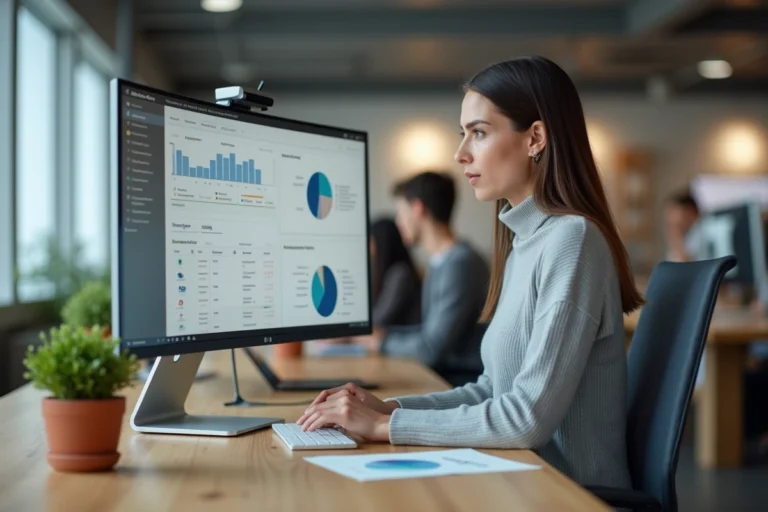 Femme travaillant sur un logiciel de productivité bureautique sur un écran ultrawide dans un bureau moderne