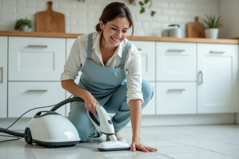 Femme utilisant un nettoyeur vapeur Silvercrest Lidl sur un carrelage de cuisine
