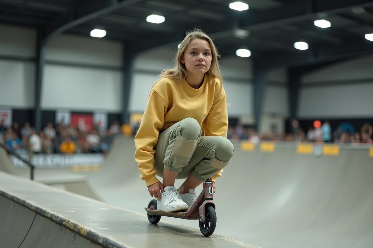 Jeune femme rider de trottinette freestyle concentrée au bord d'un bowl en béton dans un skatepark intérieur moderne