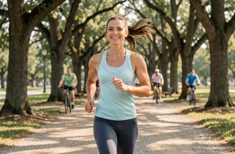 Femme qui court dans un parc urbain en tenue de sport, conseils pour pratiquer la course à pied en liberté