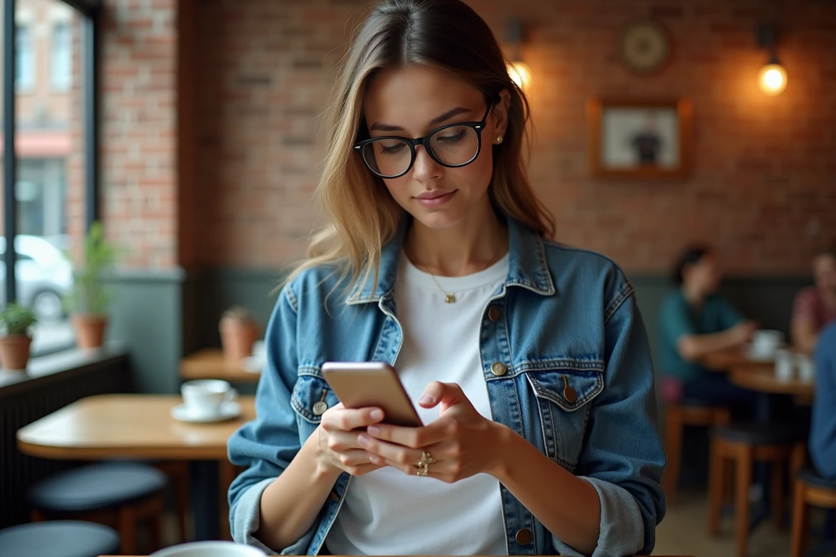 Femme consultant son smartphone dans un café pour trouver un site de streaming en ligne