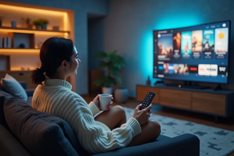 Femme regardant une plateforme de streaming sur grand écran dans un salon moderne et cosy