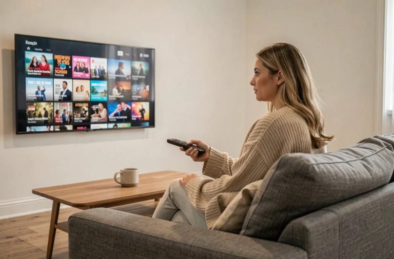 Femme regardant une interface de streaming sur une télévision numérique moderne dans un salon scandinave cosy