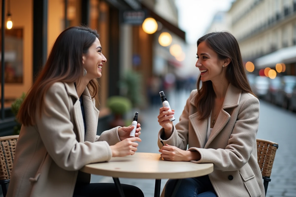 Deux femmes discutant de produits de beauté naturels en terrasse à Paris, évoquant la comparaison entre grandes marques de cosmétiques