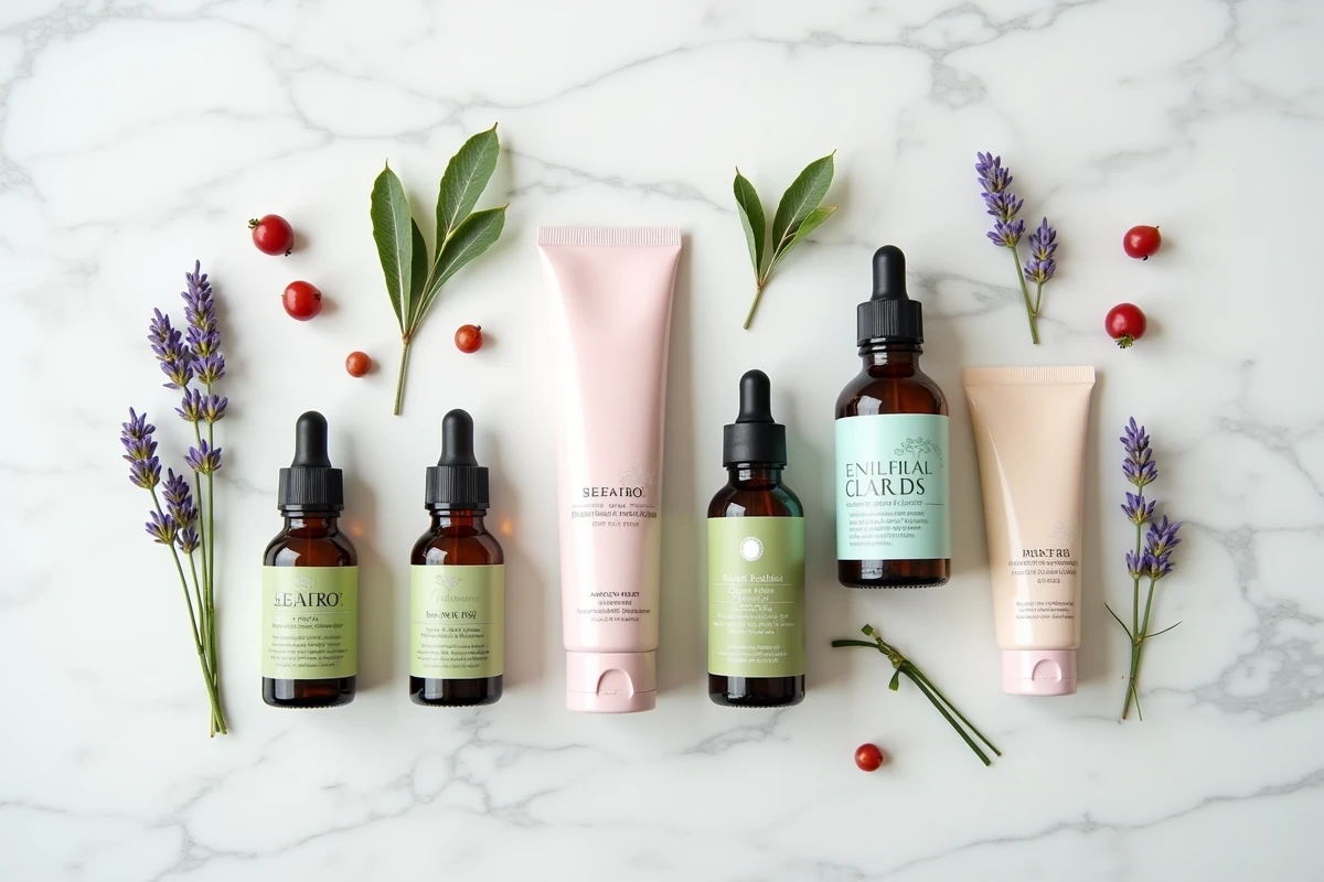 Flat-lay de produits cosmétiques naturels de marques concurrentes sur marbre blanc, comparaison visuelle du marché de la beauté végétale