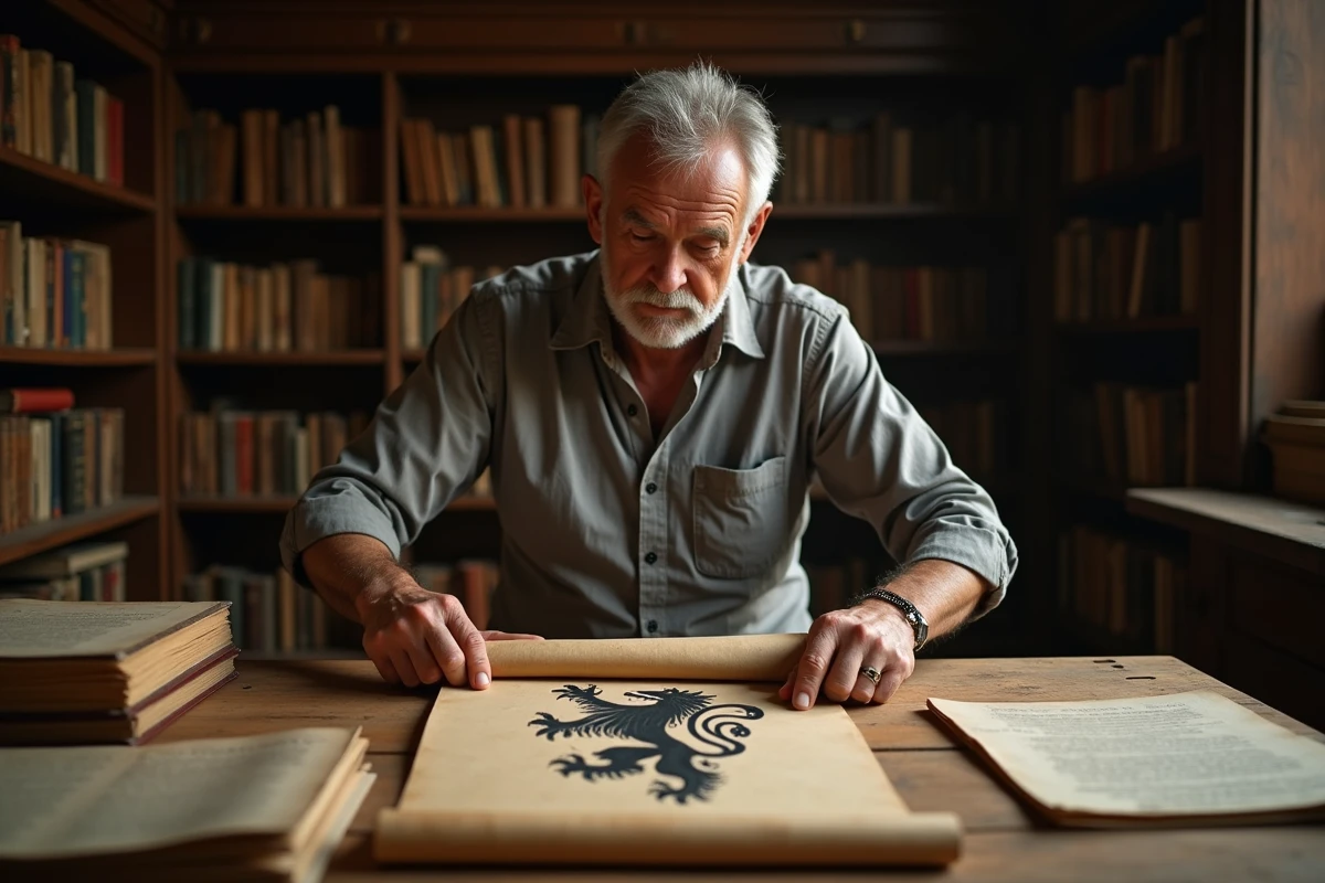 Historien examinant des documents héraldiques liés à l'histoire du drapeau breton dans une salle d'archives régionale