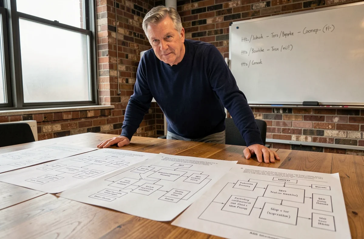 Un homme d'affaires étudiant des diagrammes d'architecture de site web imprimés sur une table de réunion en bois