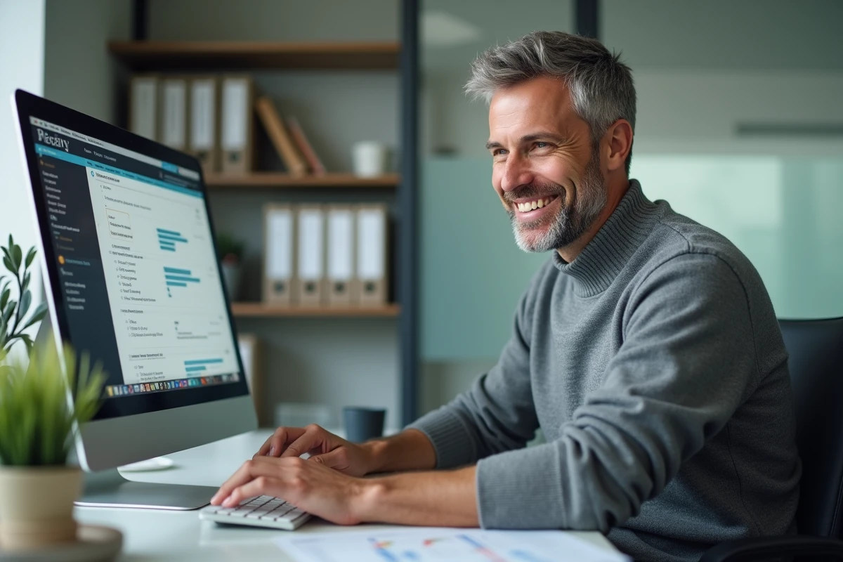 Homme souriant naviguant sur un site gouvernemental au bureau