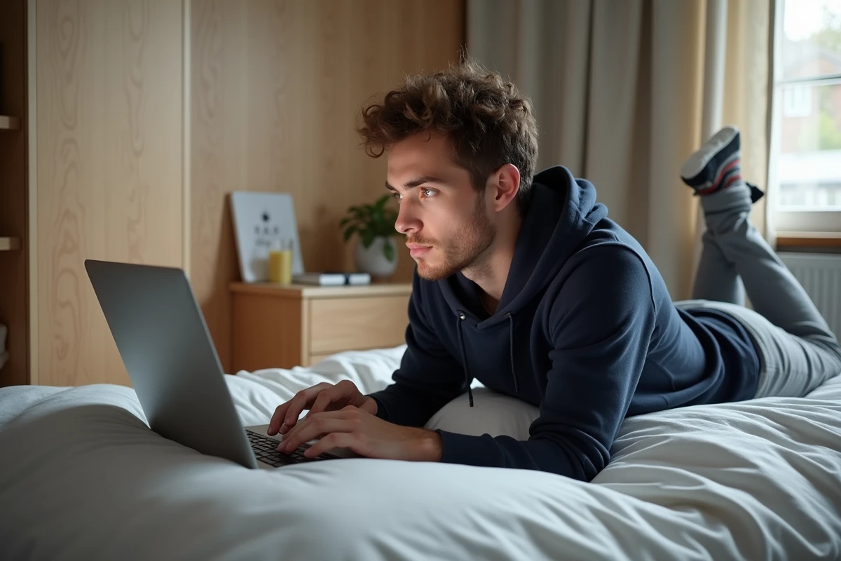 Jeune homme parcourant un catalogue de films en streaming sur ordinateur portable dans une chambre minimaliste