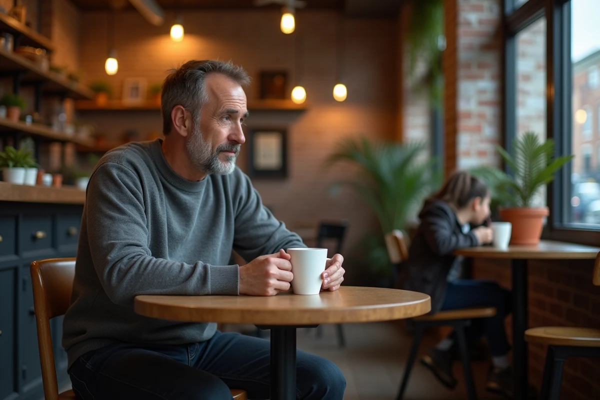 Homme discret assis seul dans un café, symbolisant la vie privée préservée loin des projecteurs