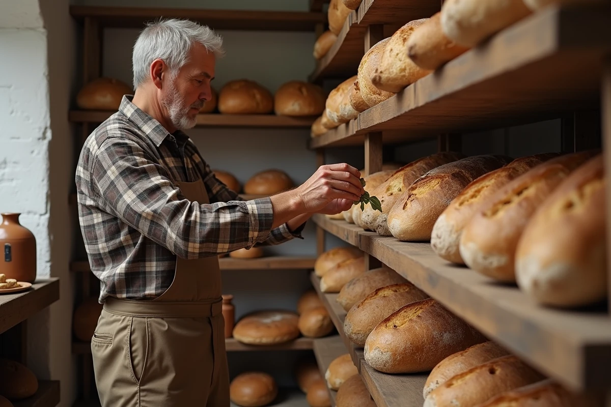 Homme saupoudre des feuilles de laurier dans une boulangerie