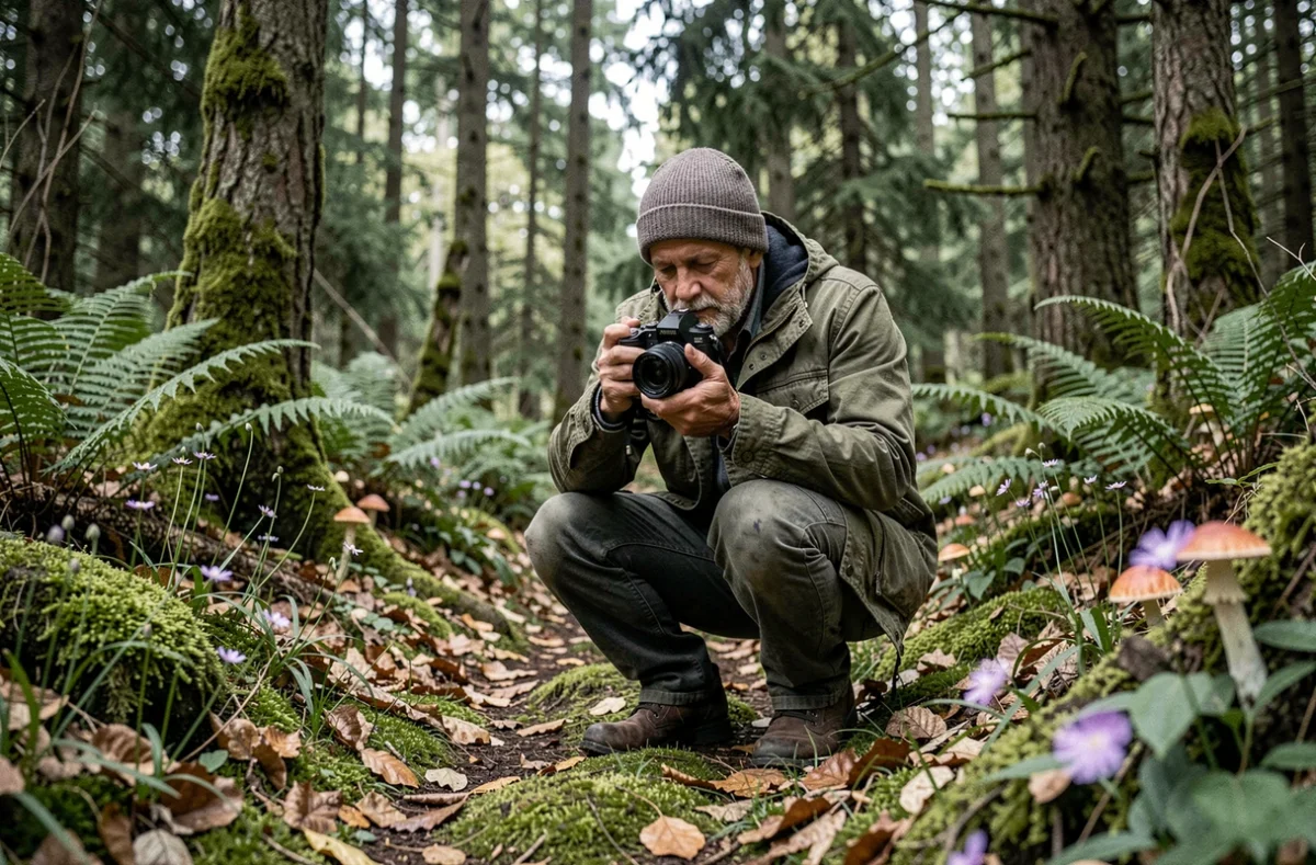 Homme en forêt photographiant des fleurs sauvages accroupi sur un sentier recouvert de mousse lors d'une activité plein air