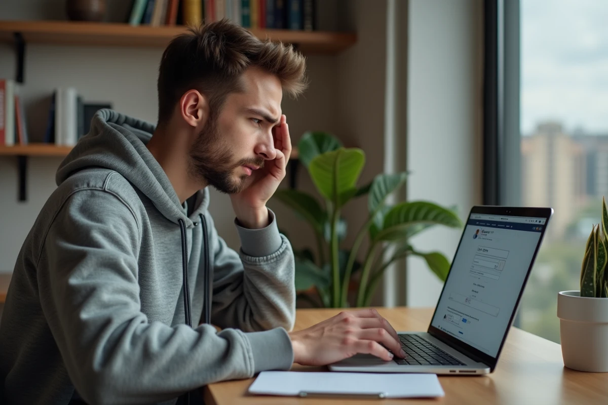Homme cherchant la nouvelle adresse de French Stream sur un ordinateur portable dans un bureau à domicile