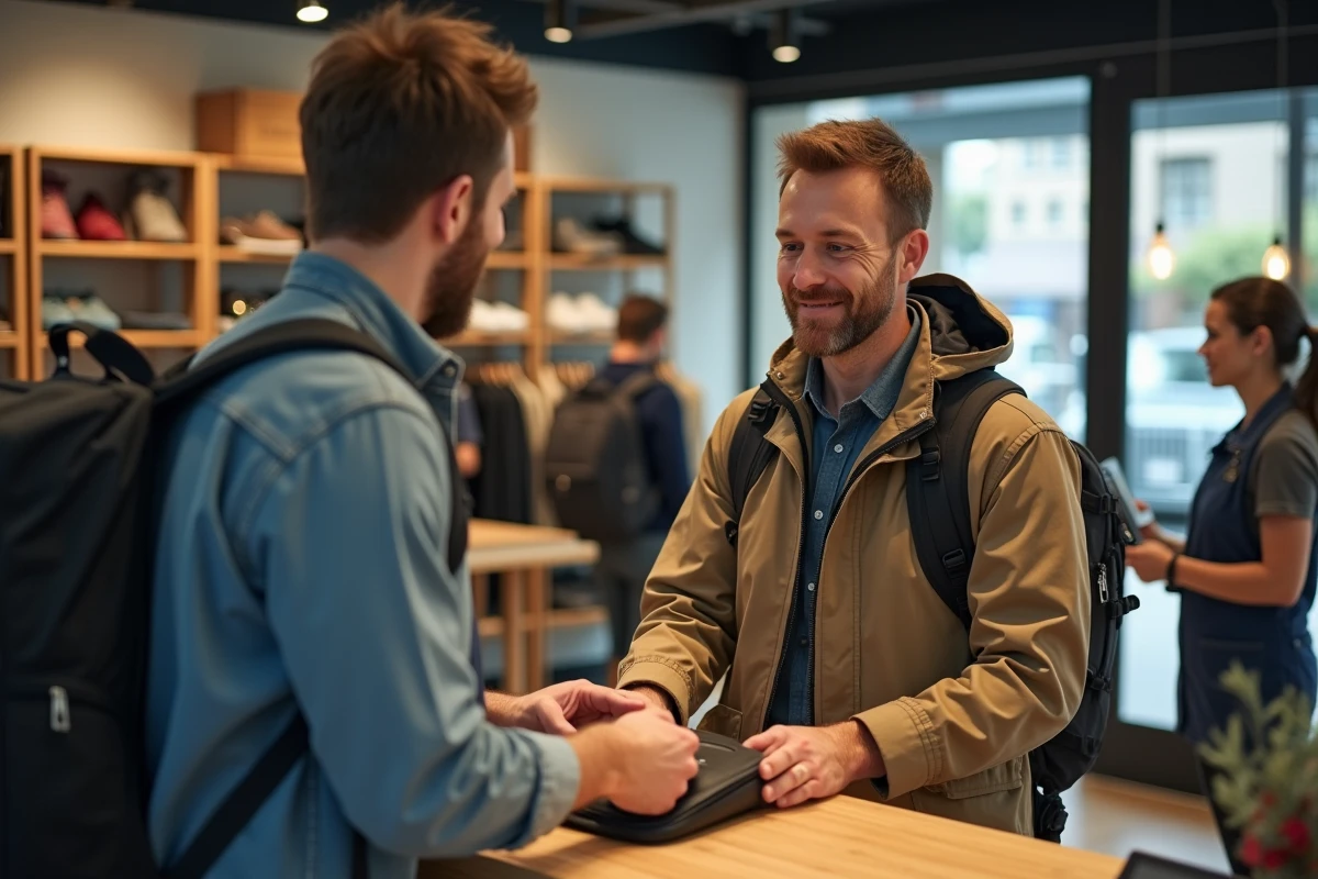Homme donnant un sac usé au comptoir de service