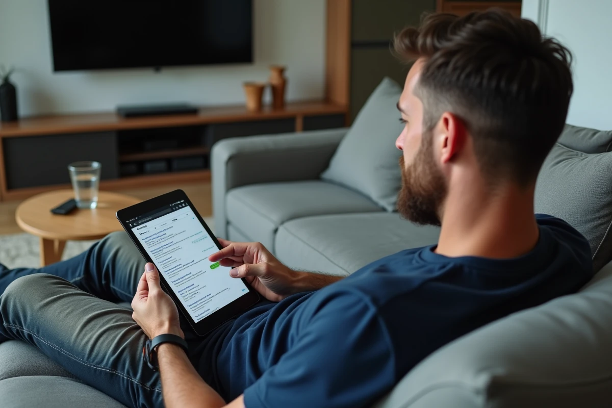 Homme naviguant sur une tablette depuis son canapé pour accéder à un site de streaming vidéo